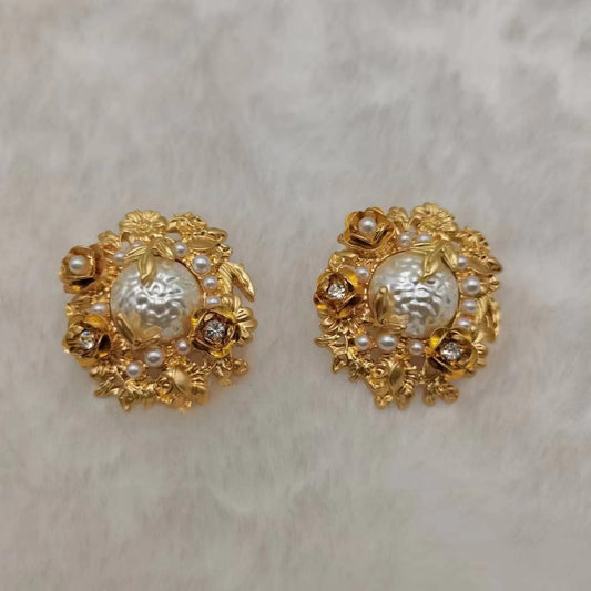Garden Muse Earrings – Vintage Gold Floral Studs with Pearl Center