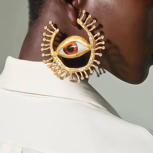 “Visionary Gaze” Earrings – Gold Eye Statement Jewelry with Crystal Lashes